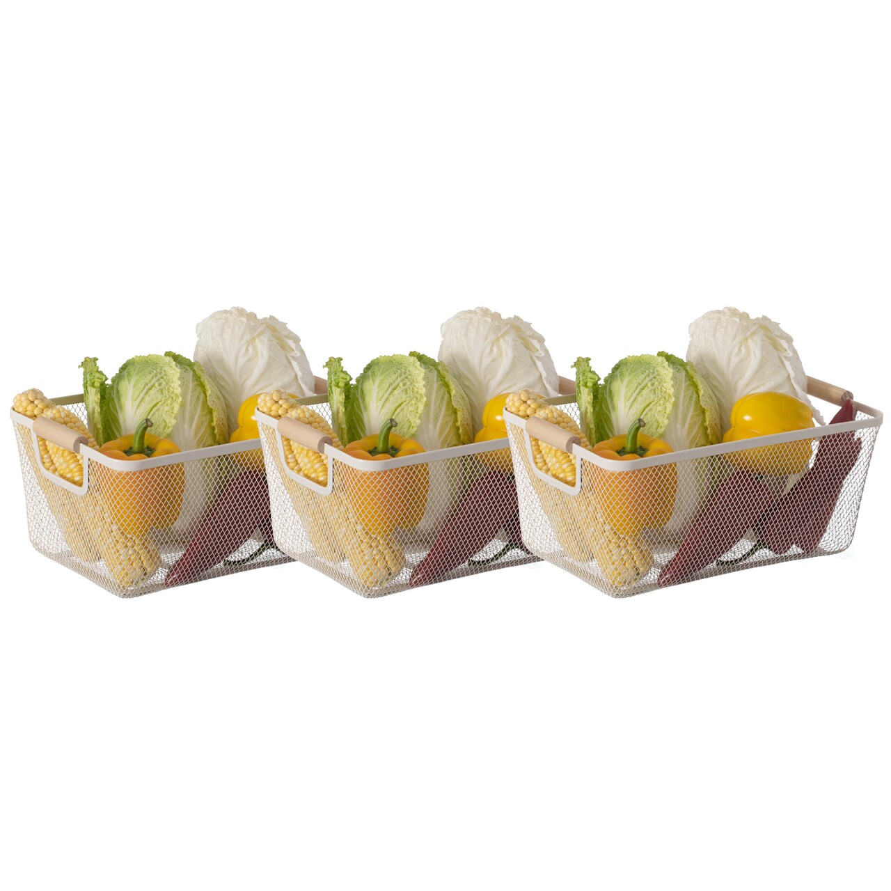 Basicwise Multipurpose Metal Mesh Basket with Wooden Handle Storage Organizers for Kitchen Bathroom Cabinet Closet Countertop Fruit Holder Picnic Food & Beverages Carrier & Home Decor